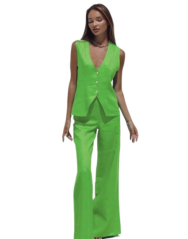 Elegant Pants Set outfit Summer Green V-Neck Sleeveless Top