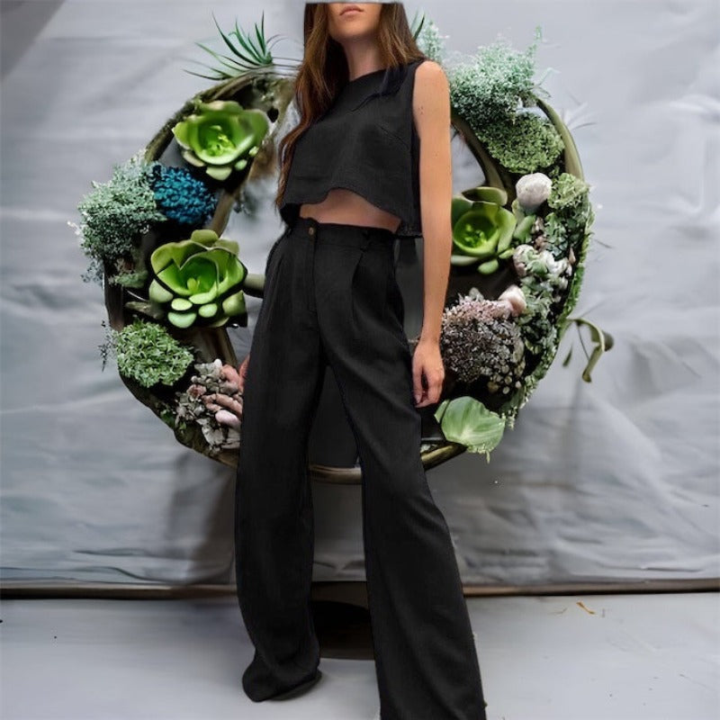 O-Neck Solid Crop Tops Wide Leg Pants Suits