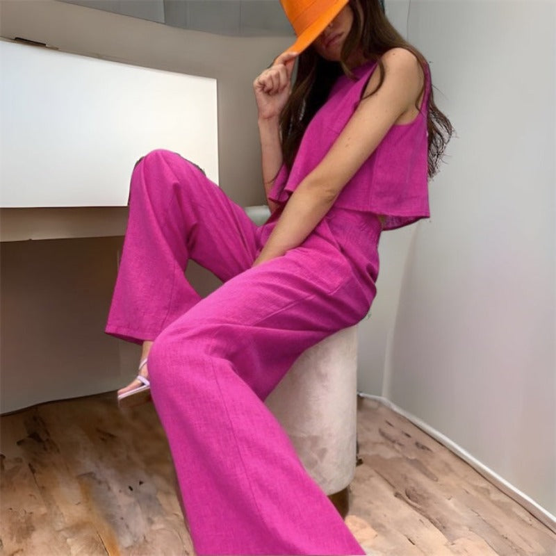 O-Neck Solid Crop Tops Wide Leg Pants Suits