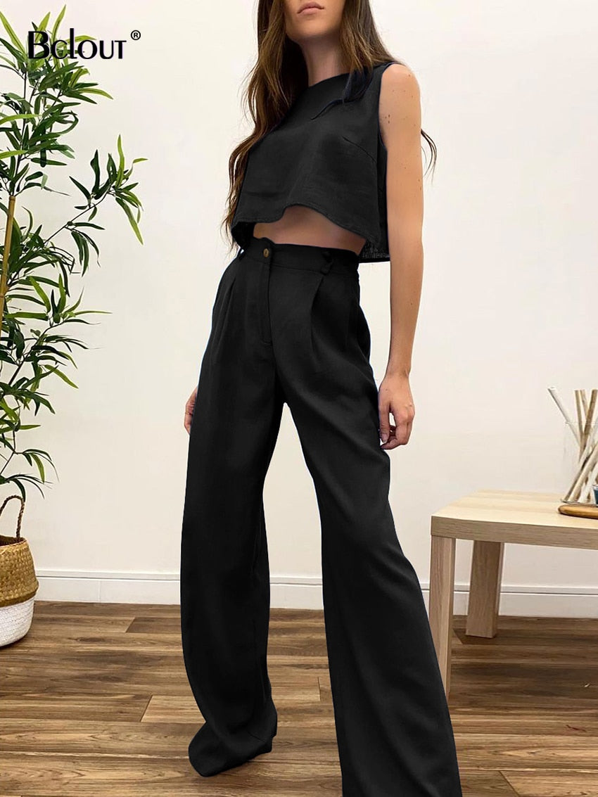 O-Neck Solid Crop Tops Wide Leg Pants Suits
