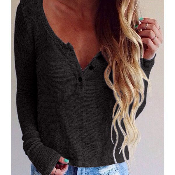 V-neck Button Threaded Long-sleeved Sweater