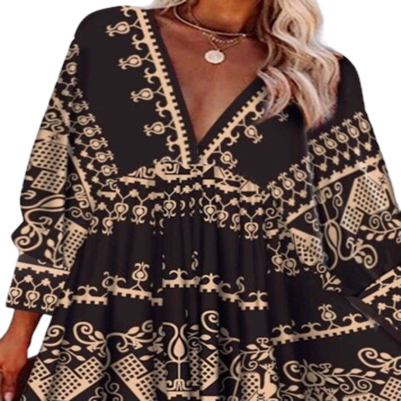 Autumn All Over Print V-Neck Fold Pleated Mini Dress 2022