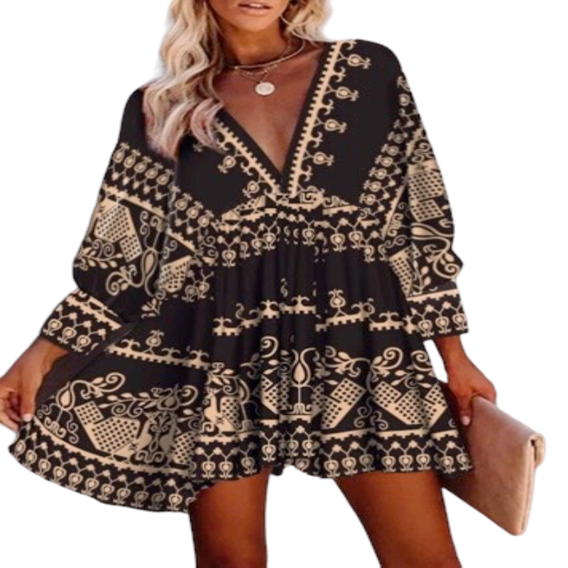 Autumn All Over Print V-Neck Fold Pleated Mini Dress 2022