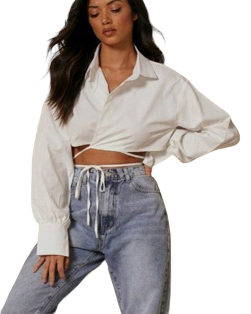 Long Sleeve Chic Cropped Collar Shirts.