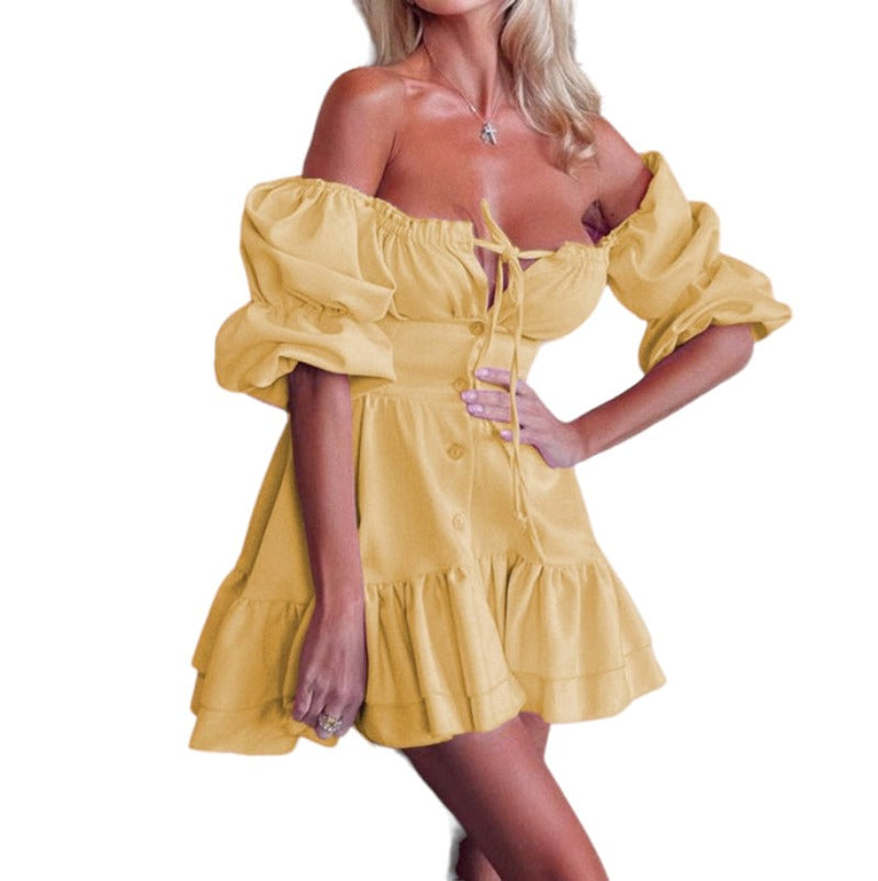 Tube Top Backless Puff Sleeves Dress .