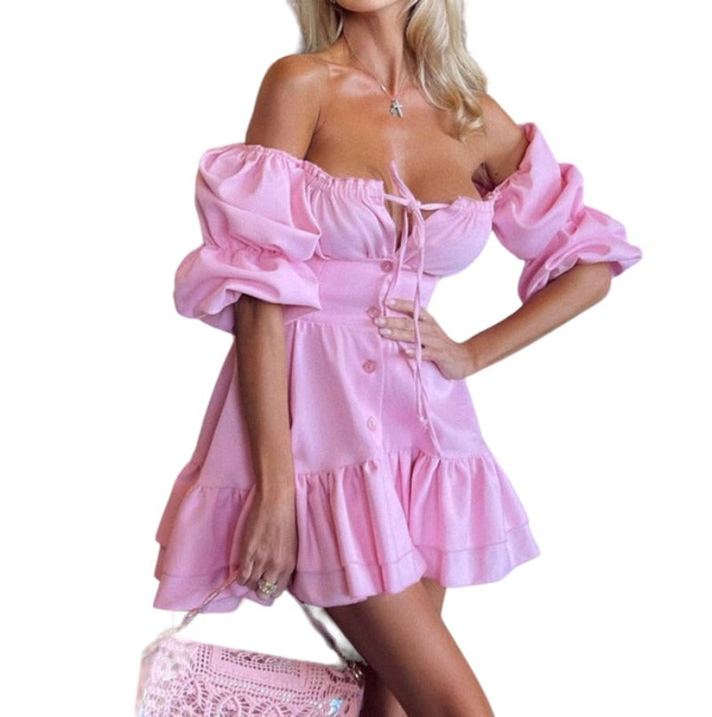Tube Top Backless Puff Sleeves Dress .