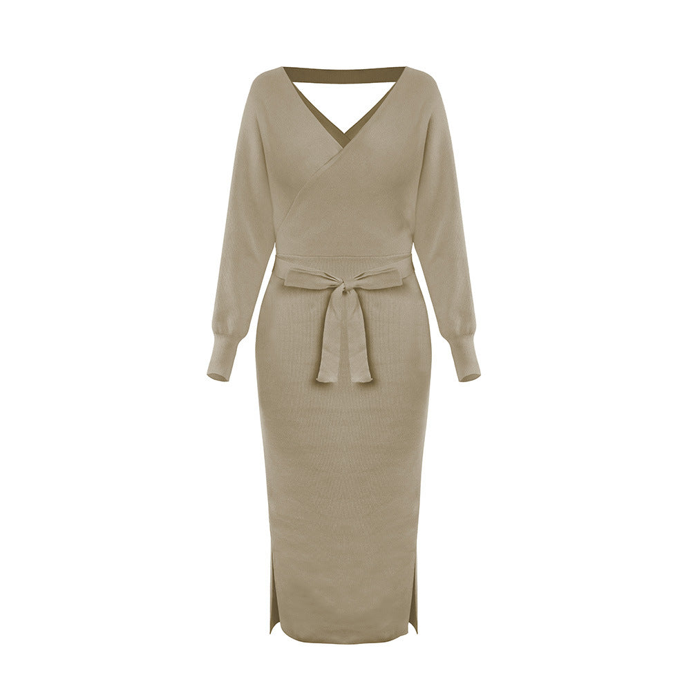 Autumn And Winter Knitted Slim Double V-Neck dress.