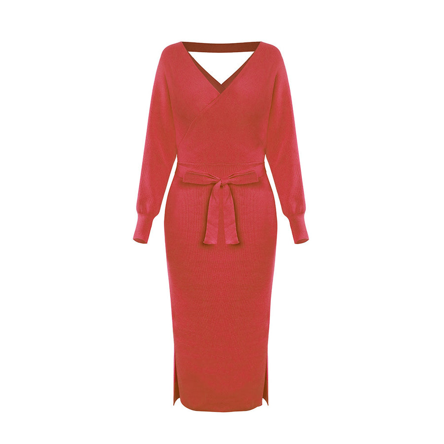 Autumn And Winter Knitted Slim Double V-Neck dress.
