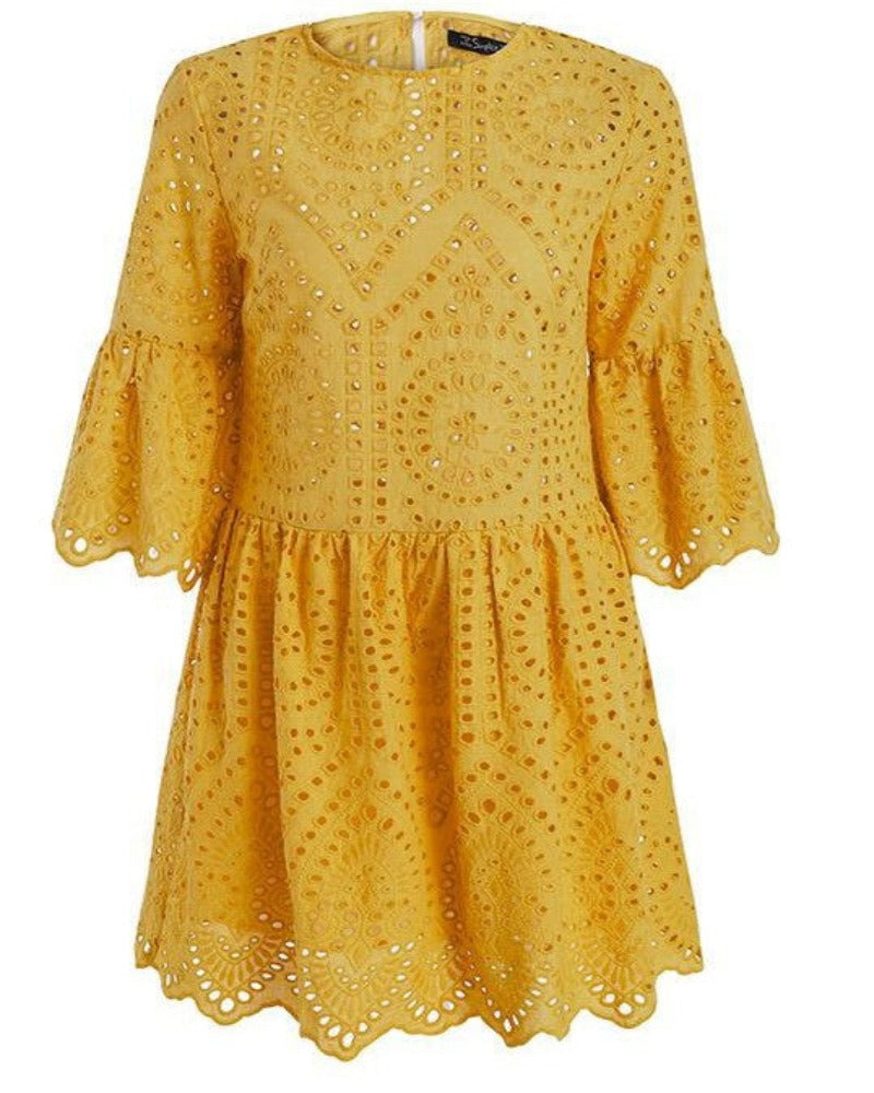 Cropped sleeve ruffled dress.