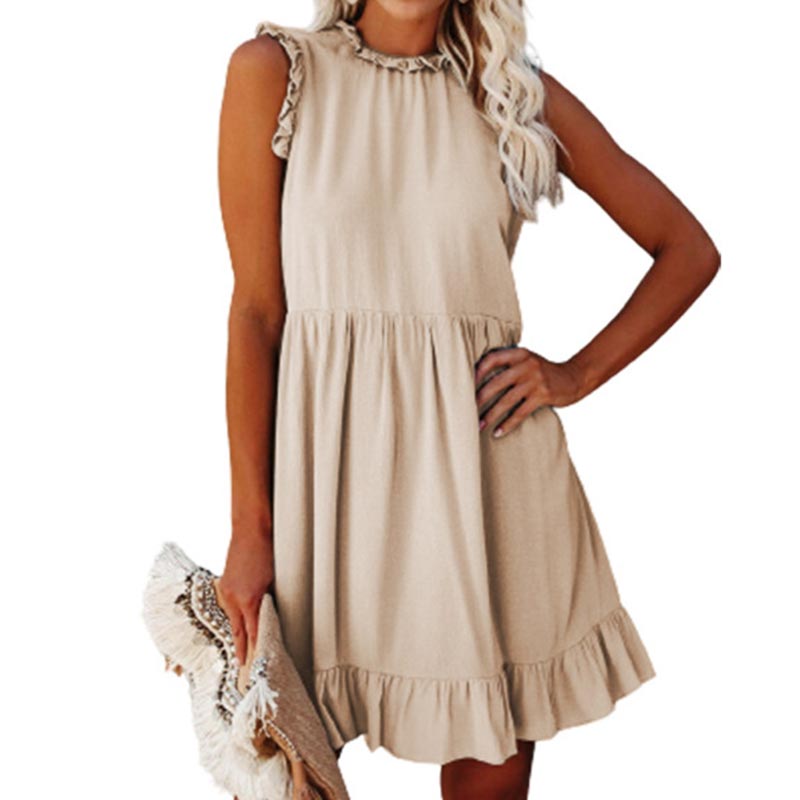 Off Shoulder A-Line Casual Women Ruffles Round Neck Sleeveless Summer Dress .