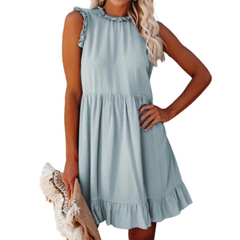 Off Shoulder A-Line Casual Women Ruffles Round Neck Sleeveless Summer Dress .