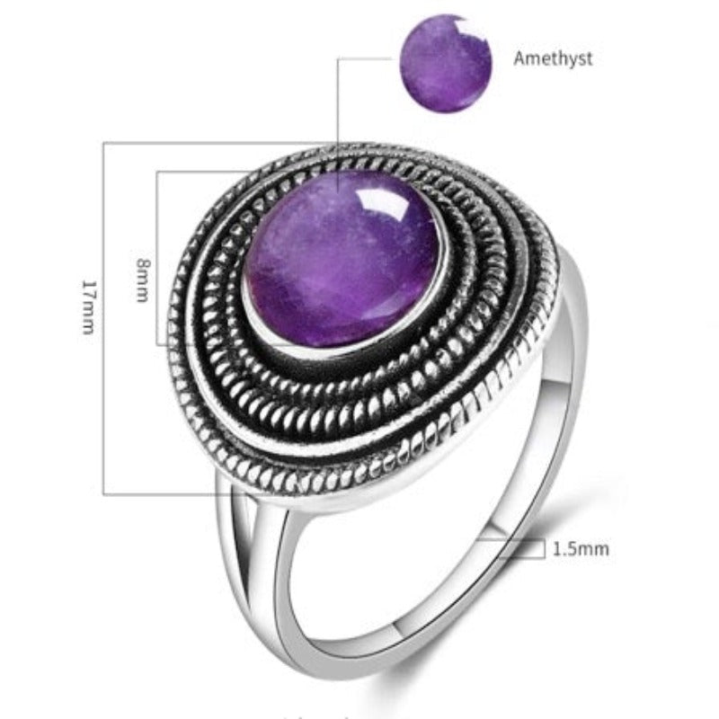 Round 8MM Natural Amethyst Silver Ring for Women