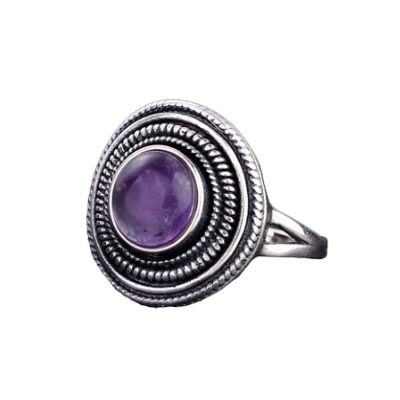 Round 8MM Natural Amethyst Silver Ring for Women