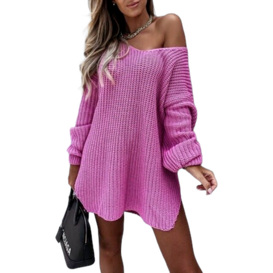 V - Neck  Autumn Winter Long Sleeve Casual Loose Sweater Dress