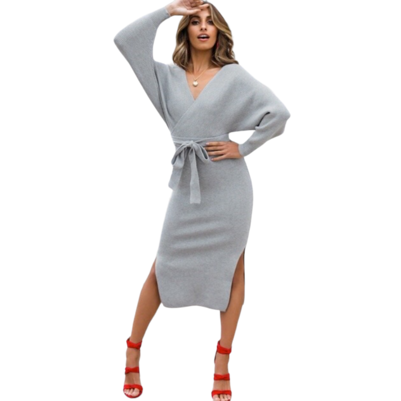 Autumn And Winter Knitted Slim Double V-Neck dress.