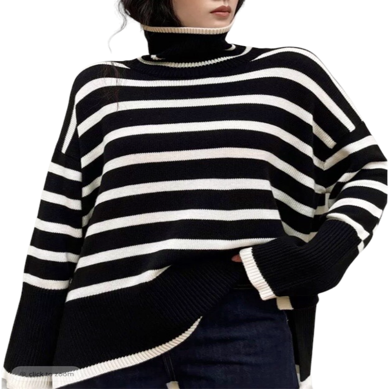 Turtleneck Striped Print Loose Pullover Tops 2023.