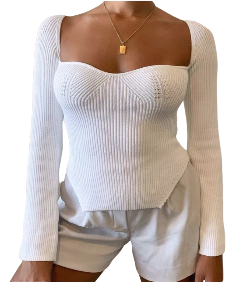 Square Collar Long Sleeve Knitted Pullover .
