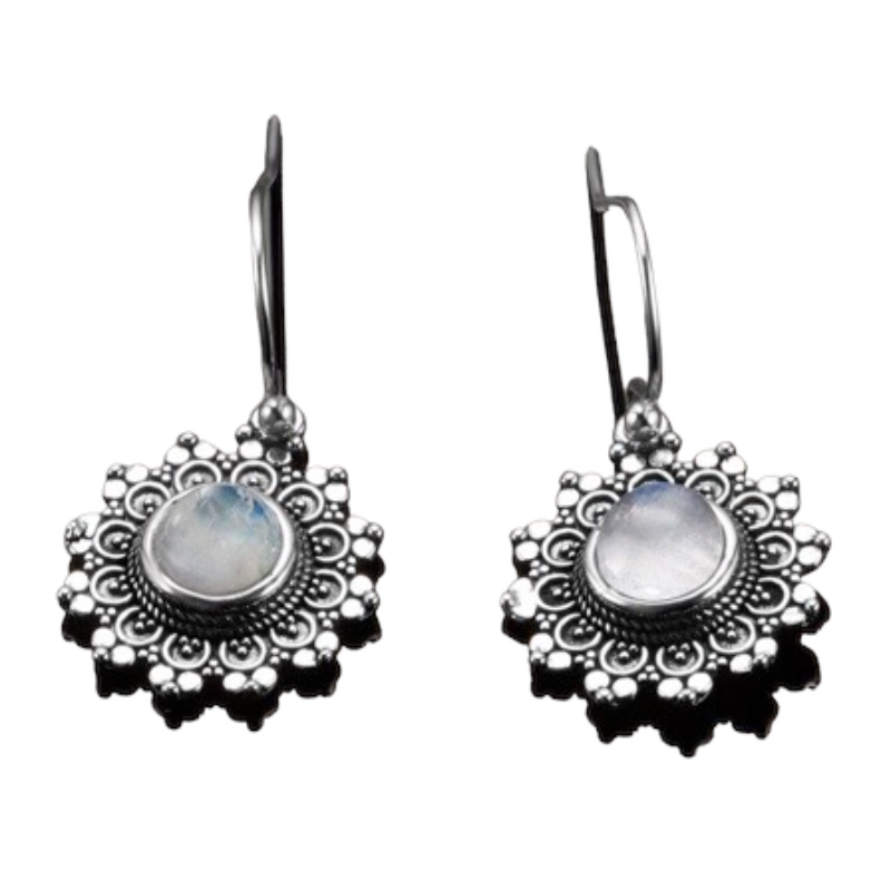 Natural Moonstone Round 6MM S925 Sterling Silver Earrings Vintage