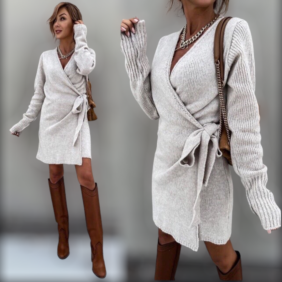 Winter V-neck Slim Belt Sweater Dress