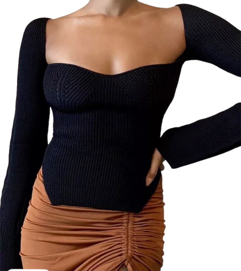Square Collar Long Sleeve Knitted Pullover .
