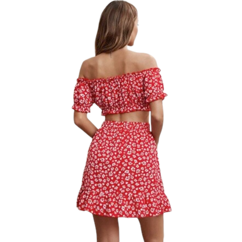 Summer Women's Dress Red Floral Print Sets