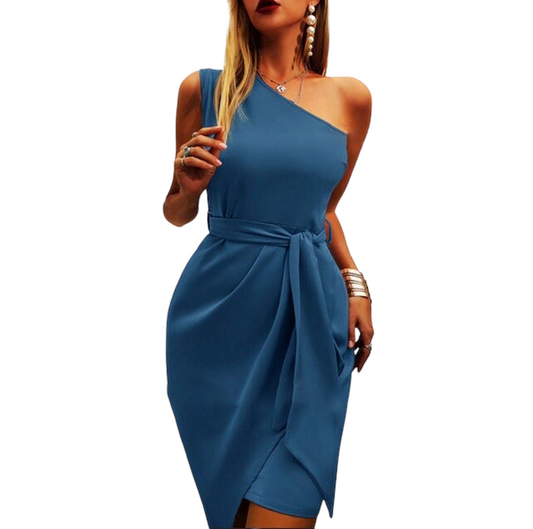 American Solid Color Sleeveless Oblique Shoulder dress