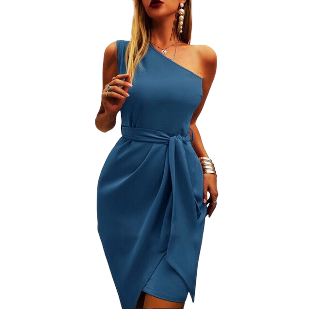 American Solid Color Sleeveless Oblique Shoulder dress