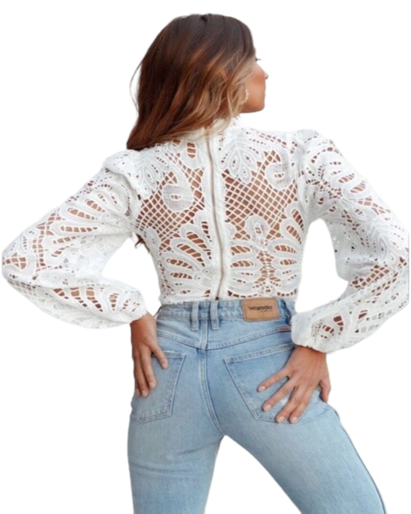 Women's Fashion Sexy Hollow Long-sleeved Lace Top.
