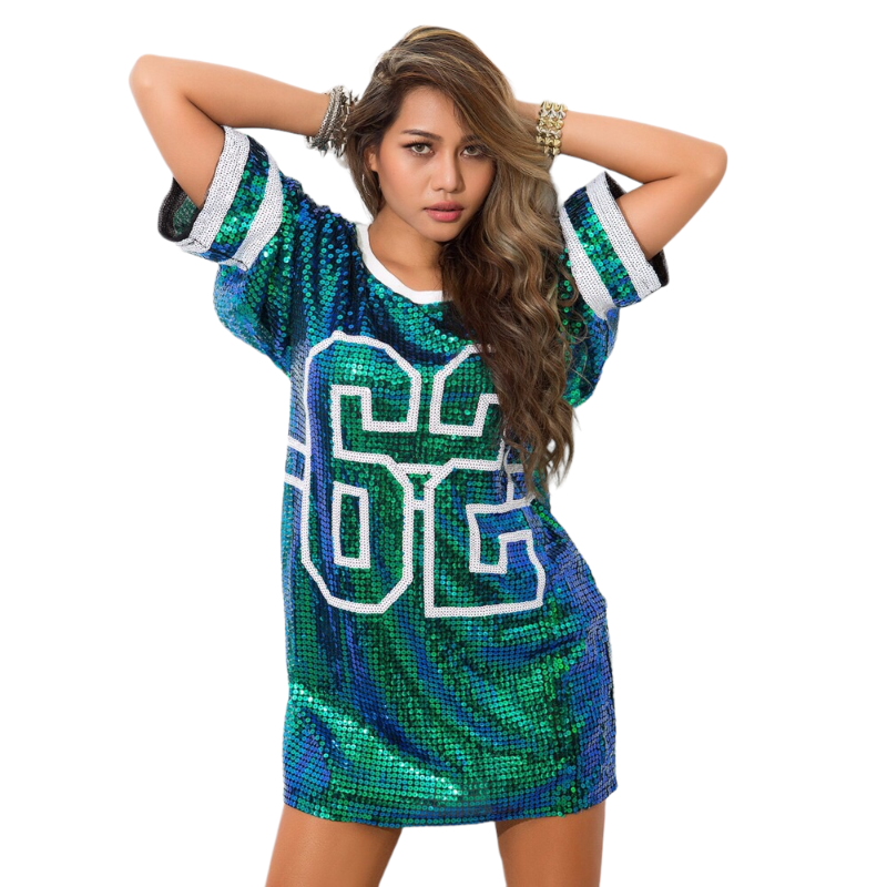 New Shimmer Half Sleeve Baggy Sequin T Shirt Dress