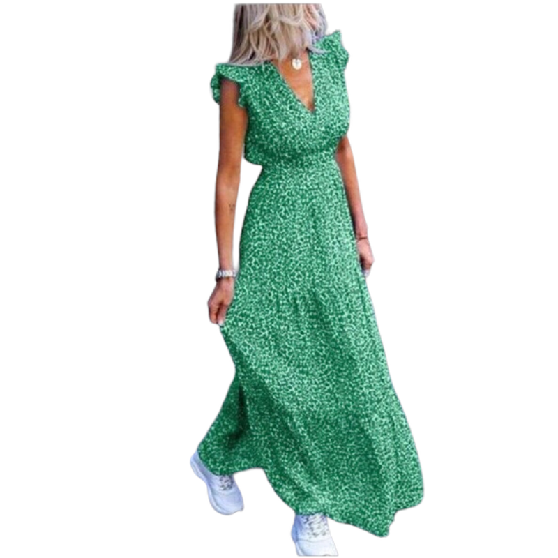 Printed wave point V-neck Ruffle sleeve dress.