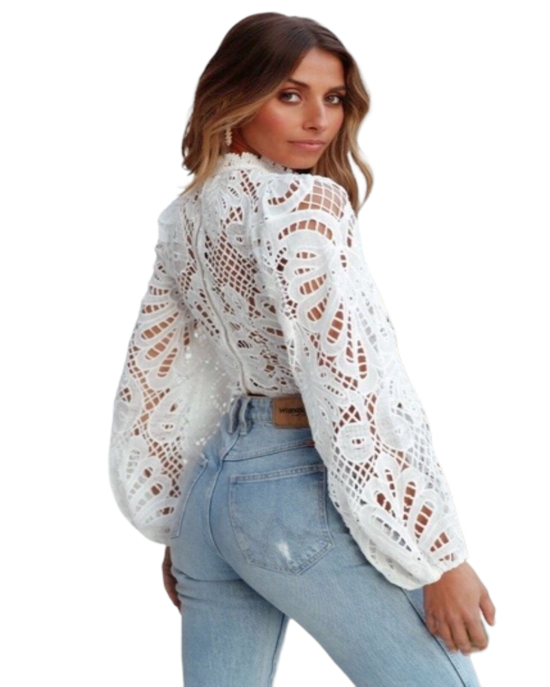 Women's Fashion Sexy Hollow Long-sleeved Lace Top.