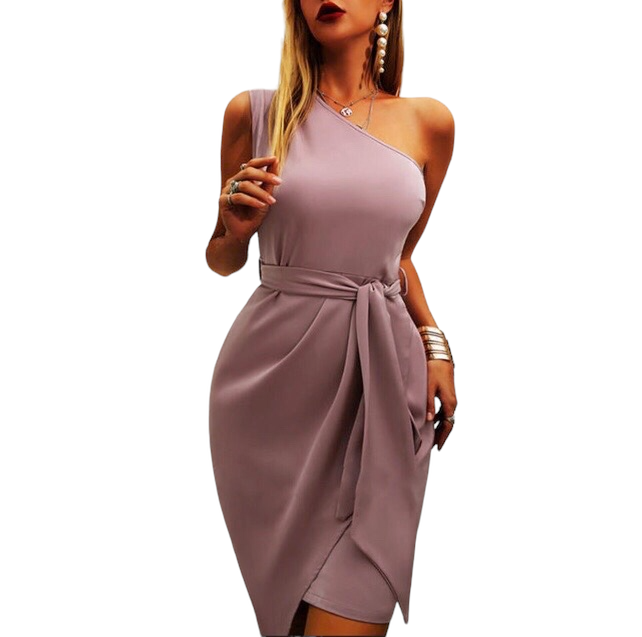 American Solid Color Sleeveless Oblique Shoulder dress