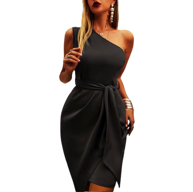 American Solid Color Sleeveless Oblique Shoulder dress