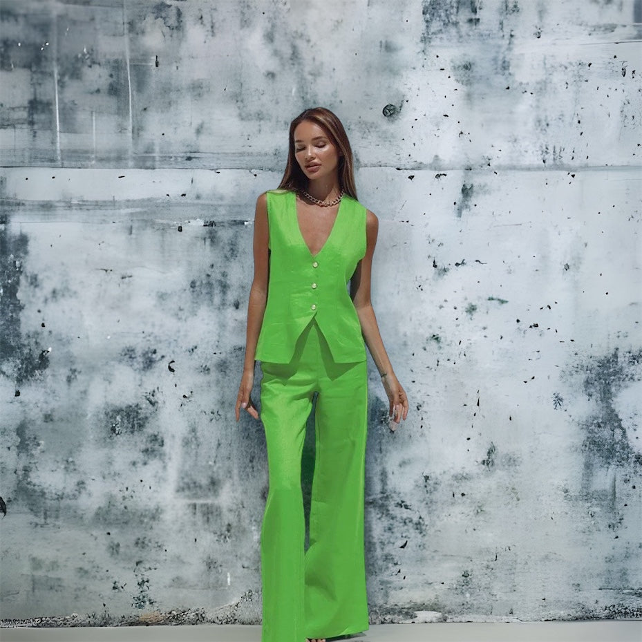 Elegant Pants Set outfit Summer Green V-Neck Sleeveless Top