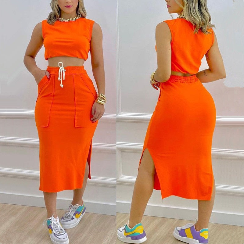 2023 New Fashion Two Piece Set Women Crop Tank Top